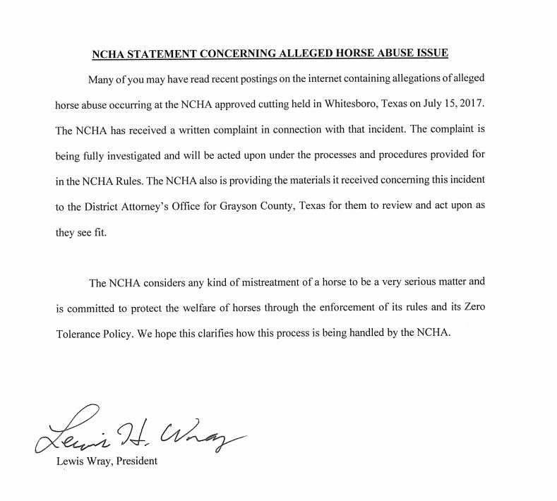 NCHA Statement re Incident at Whitesboro